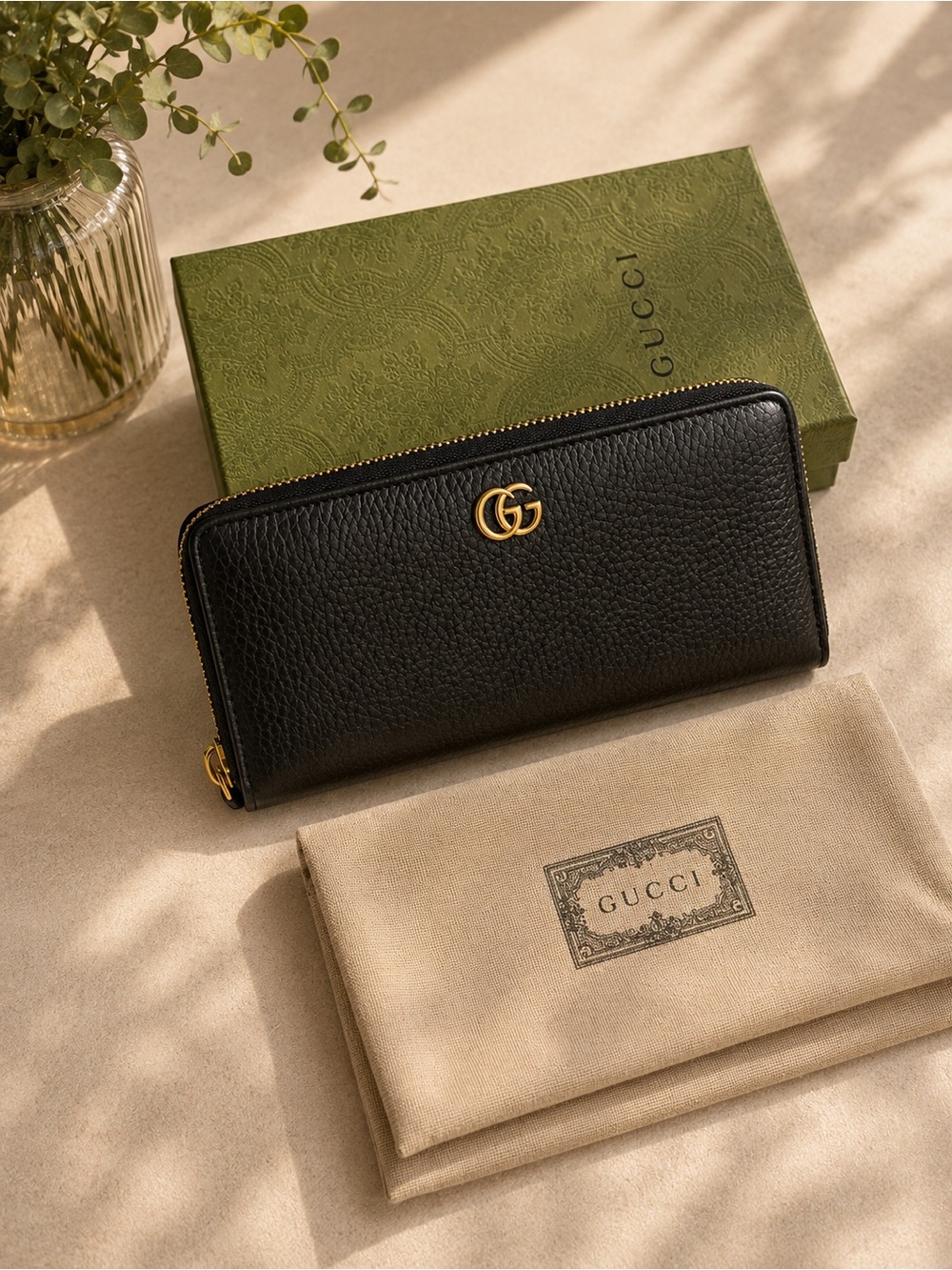 Authentic Gucci GG Marmont Calfskin Zip Around Wallet Black